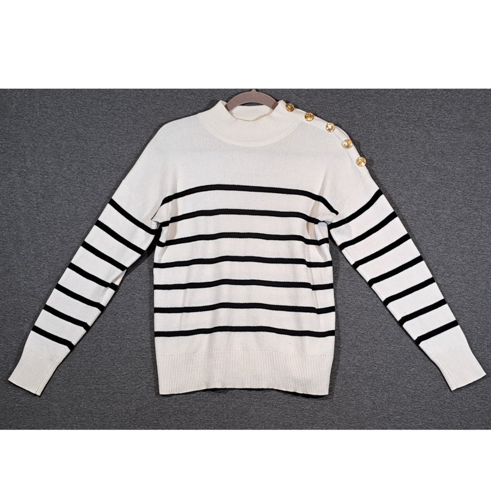 Nicole Miller New York Striped Mock Neck Sweater Gold Button Shoulder White XS